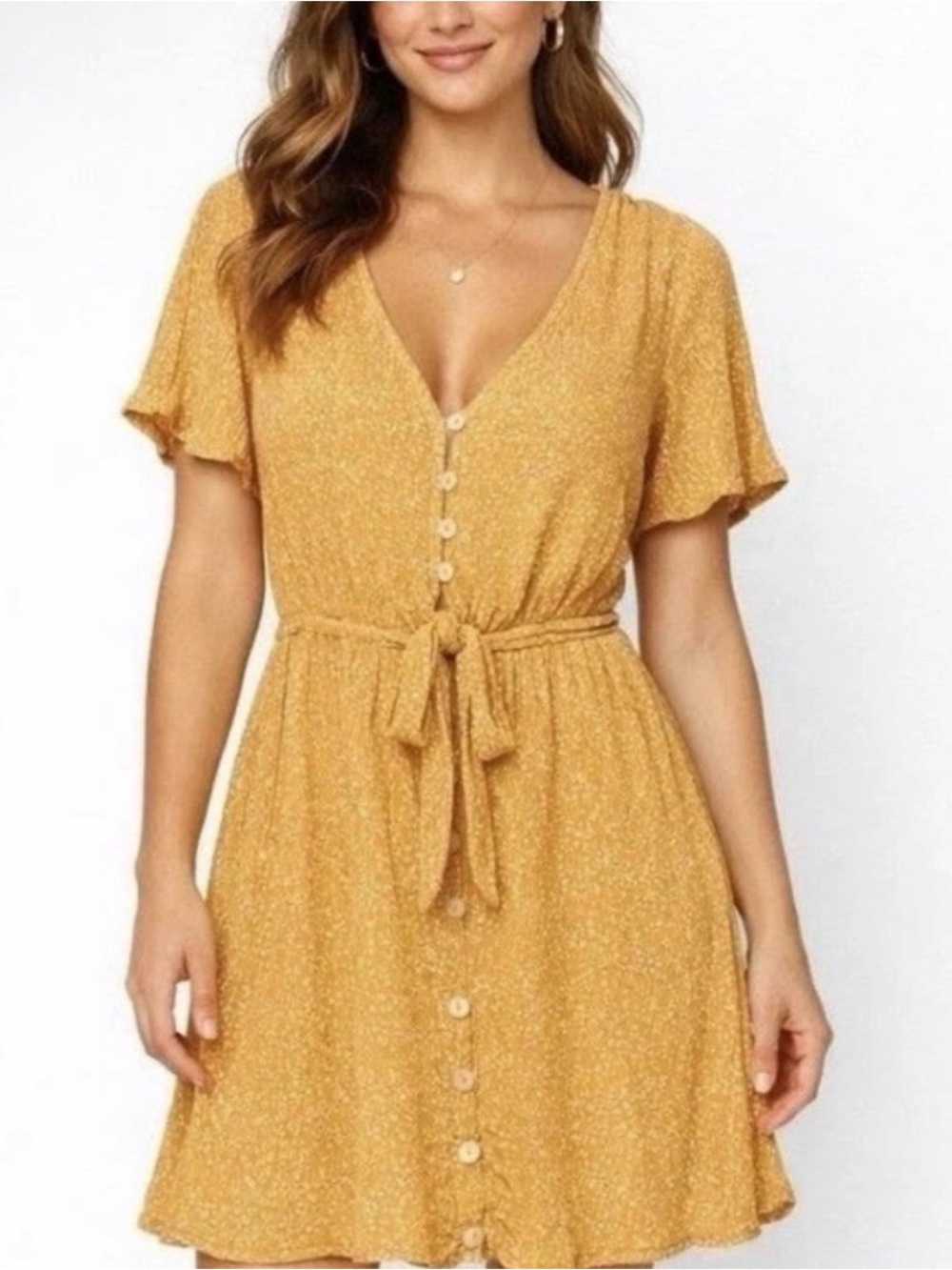 Abercrombie & Fitch Mustard Button-Front Tie-Waist Mini Dress